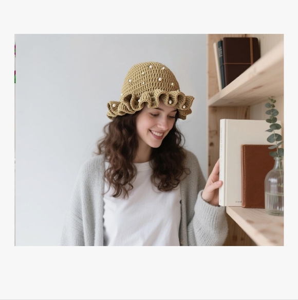 Elegant Tan Crochet Bucket Hat with Pearls main image 5